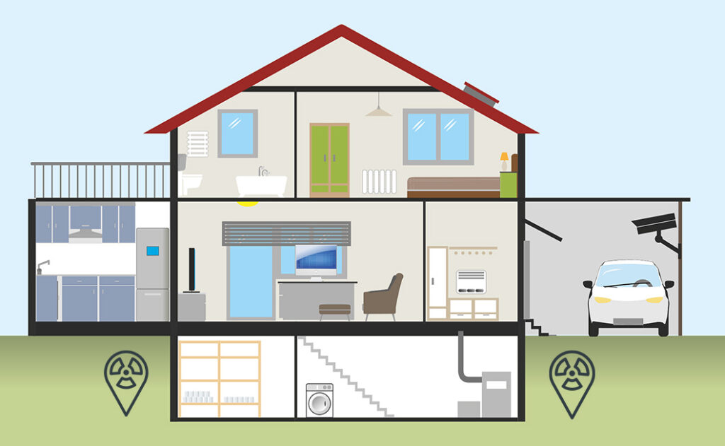 Dessin en coupe d'une maison individuelle avec symbole de radioactivité dans le sol sur le thème des valeurs mesurées de radon.