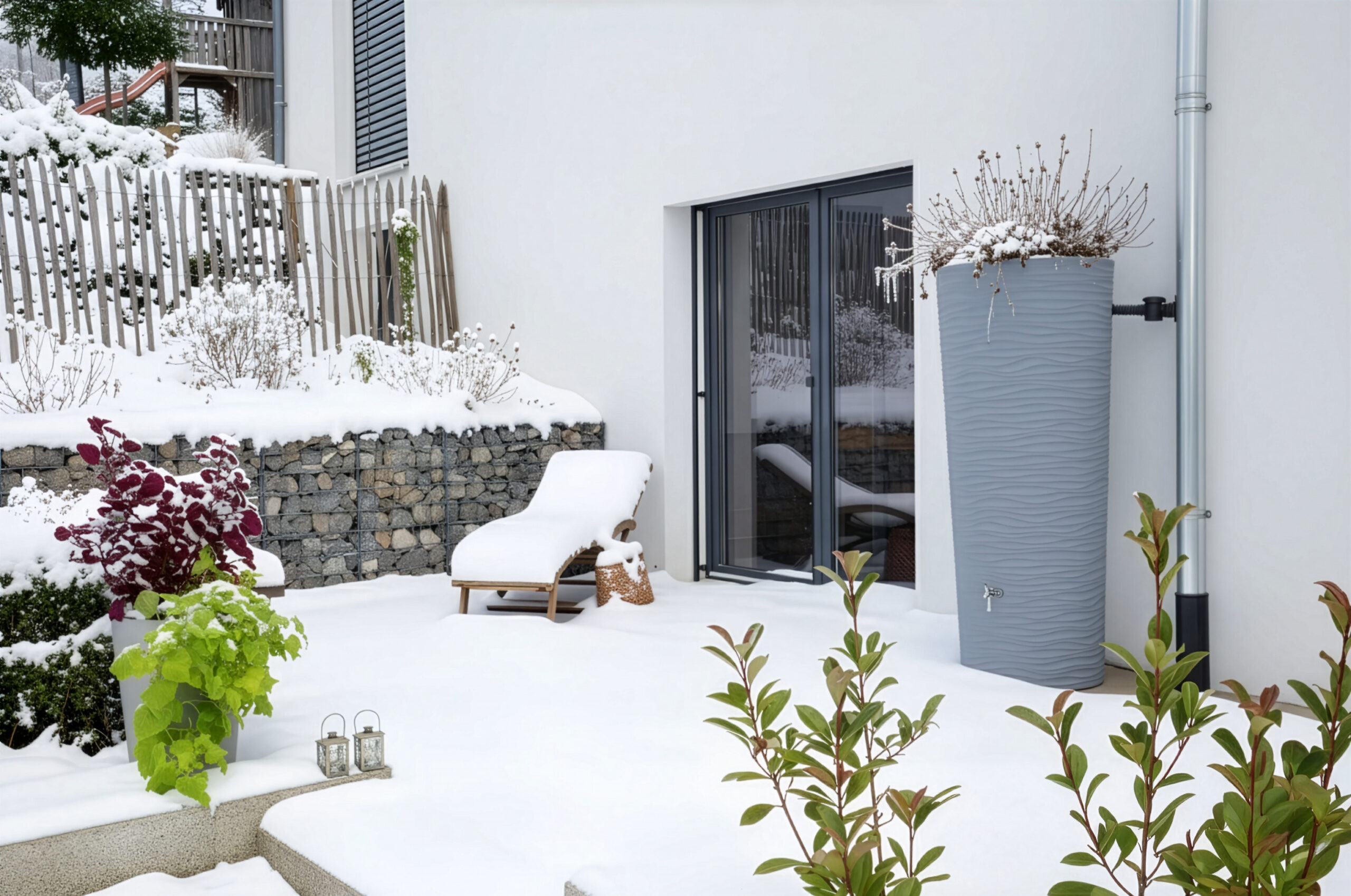 Garten mit oberirdischem Regenwassertank im Winter