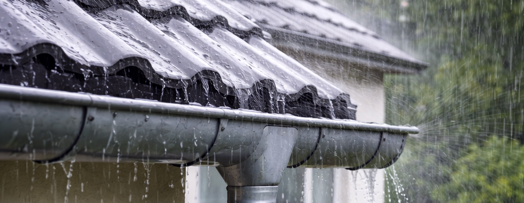 Strömender Regen fällt auf ein Hausdach und wird über das Fallrohr zum Regenspeicher abgeleitet.