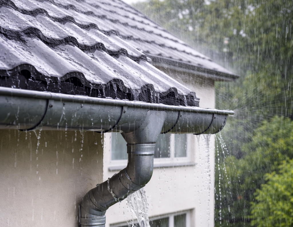 Strömender Regen fällt auf ein Hausdach und wird über das Fallrohr zum Regenspeicher abgeleitet.