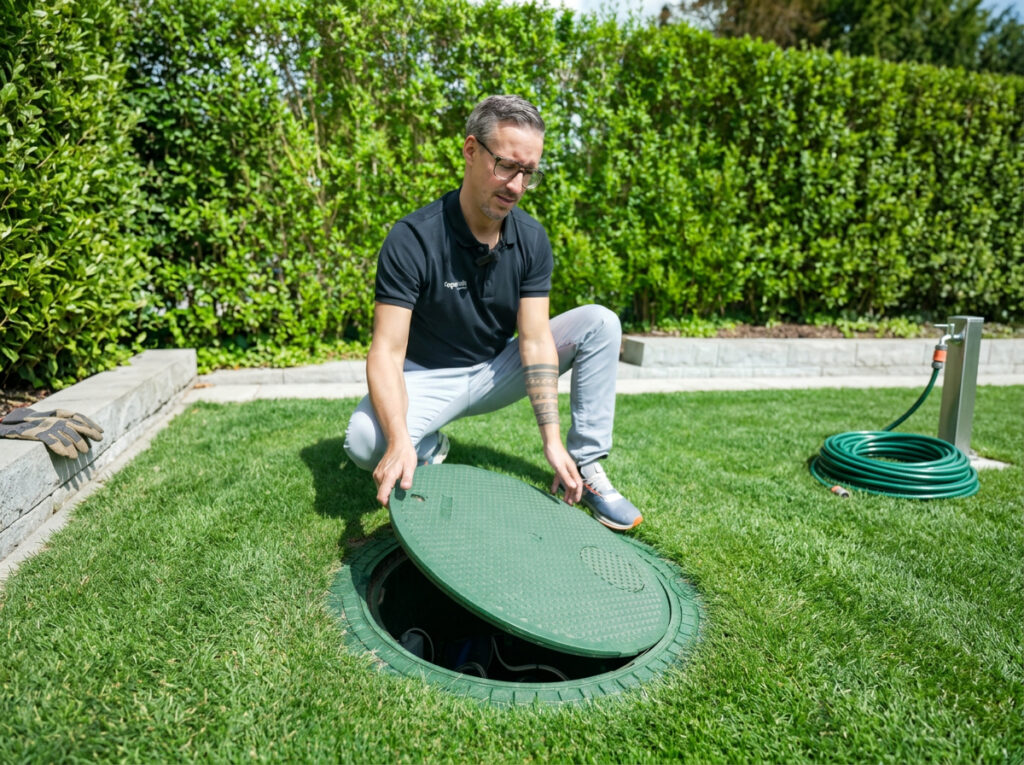 Unser faparain Bereichsleiter Michael Weber öffnet einen Schacht zum unterirdischen Regenwassertank im Garten