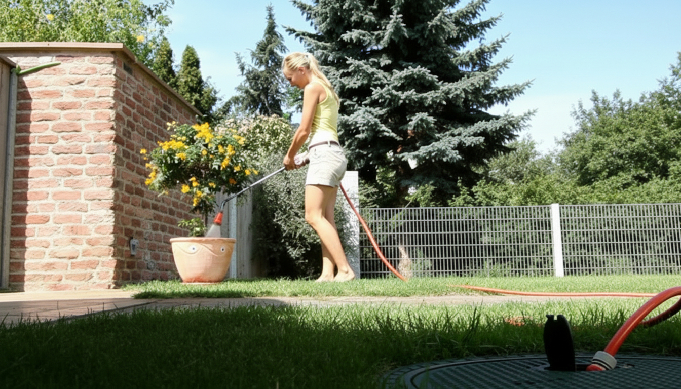 Eine Frau bewässert ihren Garten mit Regenwasser aus dem Regenwassertank