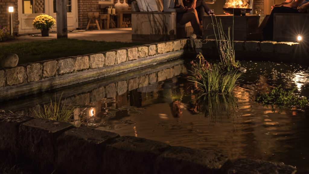 Beleuchteter Gartenteich mit Wasserpflanzen und warmen Lichtreflexionen am Abend.